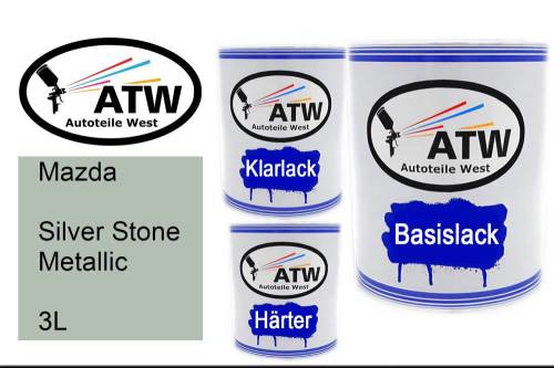 Mazda, Silver Stone Metallic, 3L: 1L Lackdose + 1L Klarlack + 500ml Härter - Set, von ATW Autoteile West.